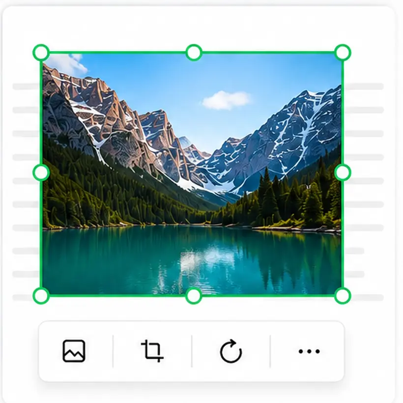 An image selected inside a PDF with resize handles and a rotate, crop, and replace toolbar